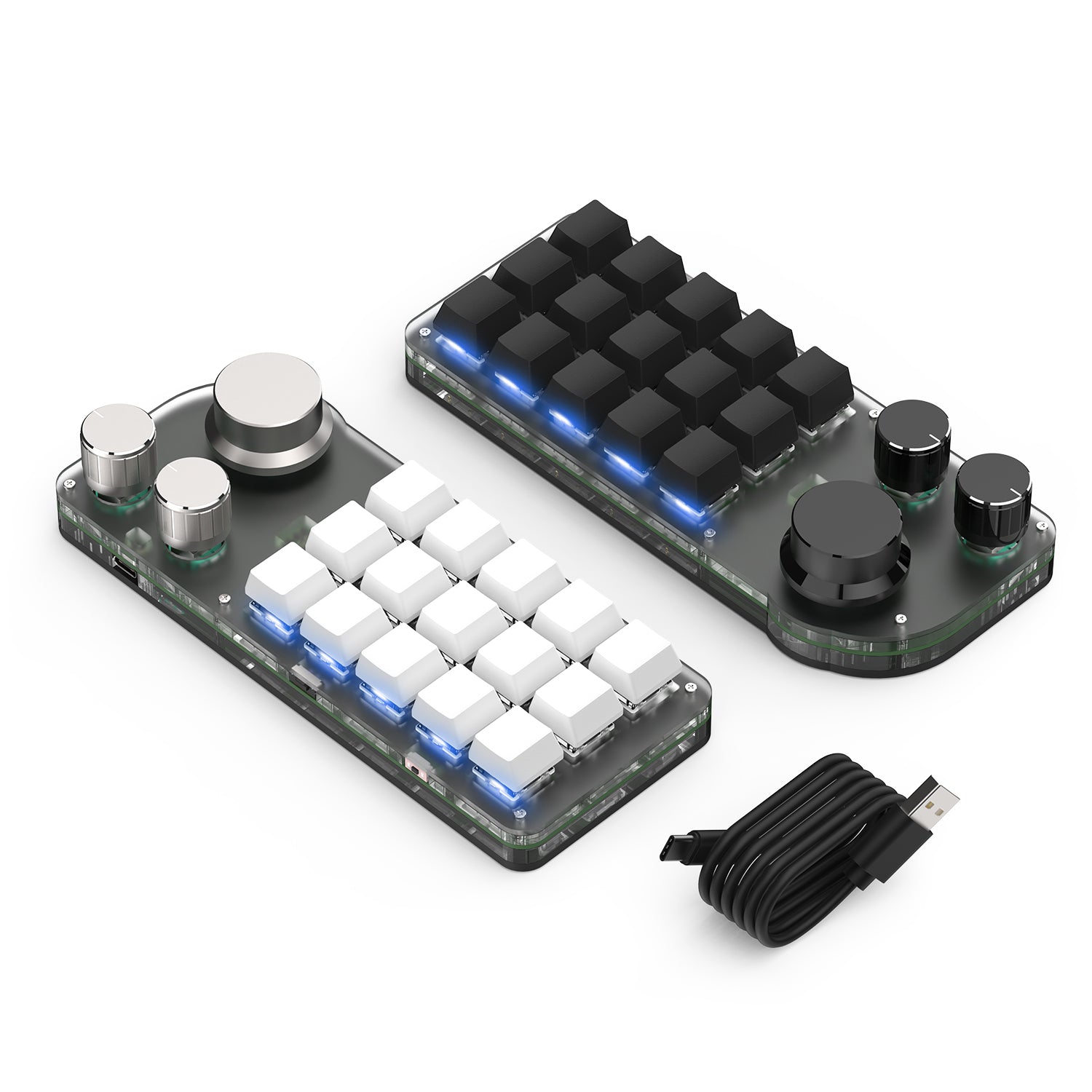 Black and white 15-key programmable mini keyboards with three knobs and USB-C cable