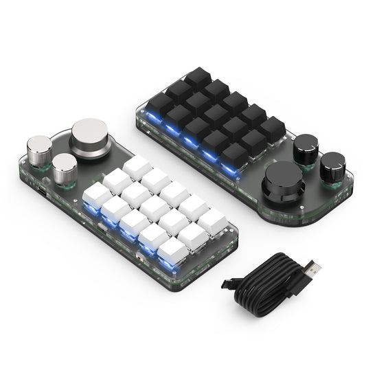 Black and white 15-key programmable mini keyboards with three knobs and USB-C cable