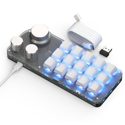 White 15-key 3-knob wireless programmable mini keyboard with USB-C cable and 2.4G receiver