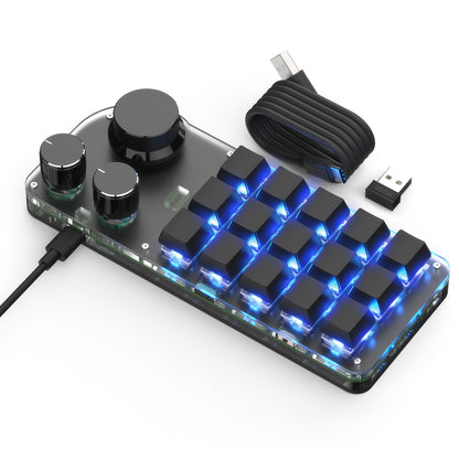 Black 15-key 3-knob wireless programmable mini keyboard with USB-C cable and 2.4G receiver
