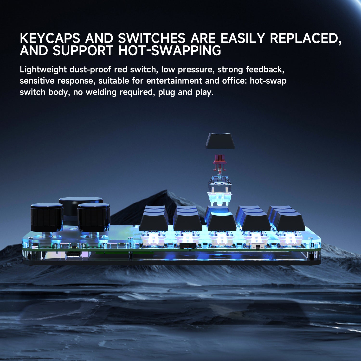 Hot-swappable red switches and RGB lighting on 15-key mini keyboard