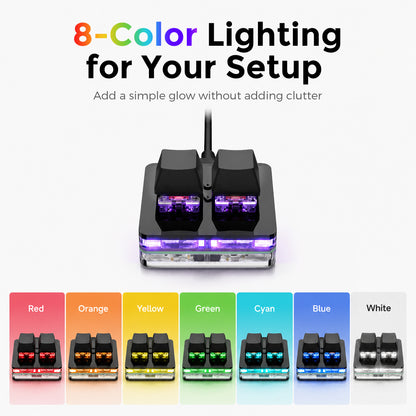 Eight-color RGB lighting options on black 2-key macro keypad