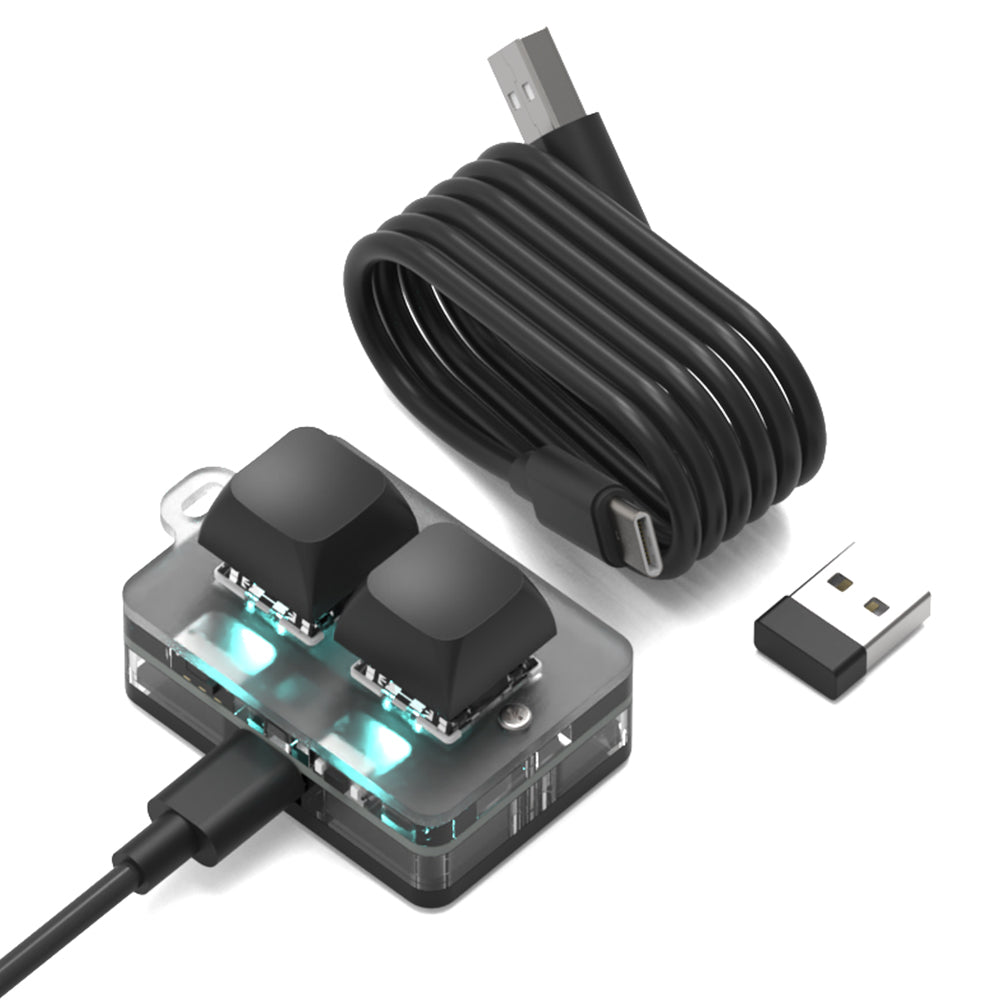 Black wireless 2-key macro keypad with USB-C cable and 2.4G receiver