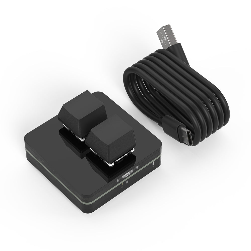Black wired 2-key macro keypad with blank keycaps and USB-C cable