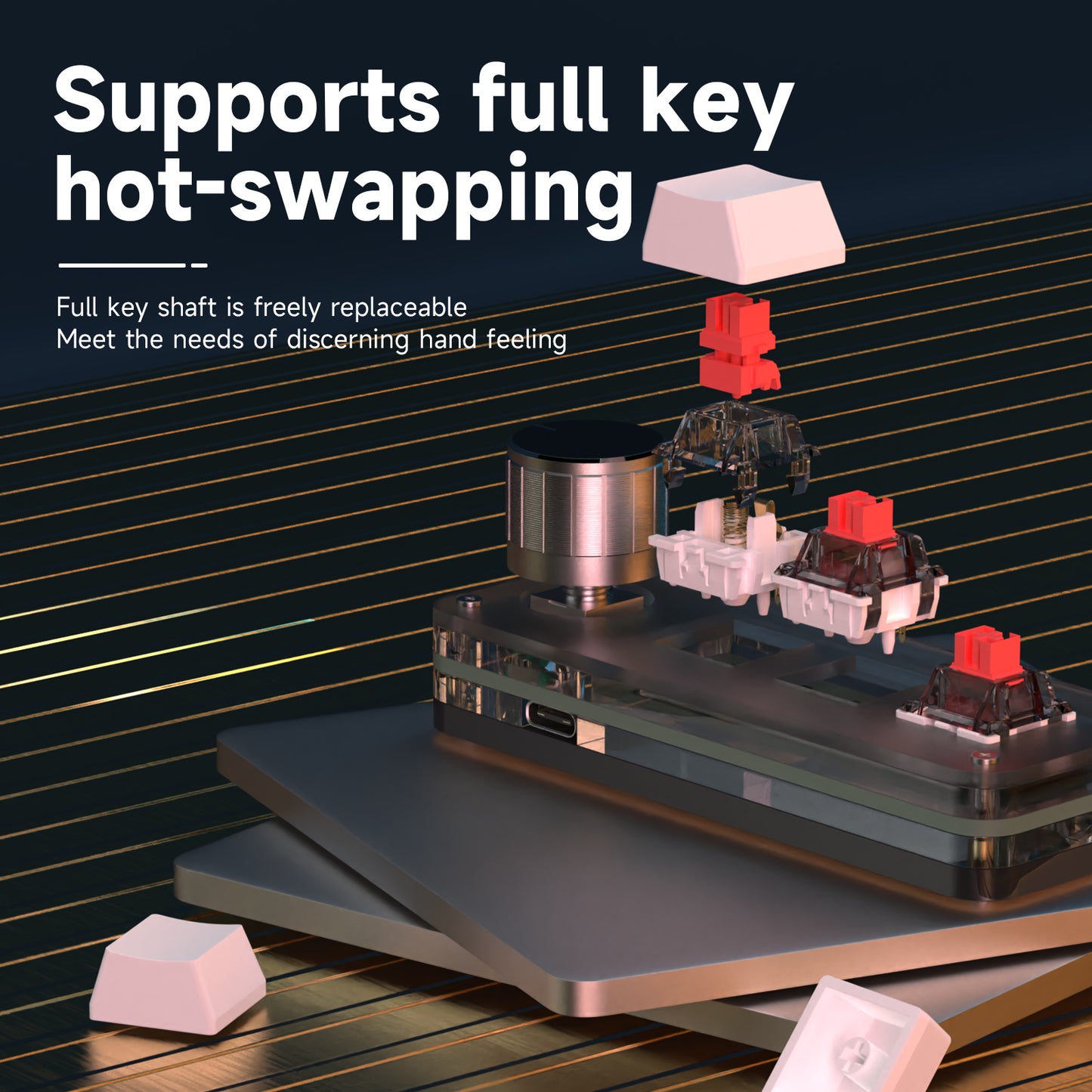 Hot-swappable keycaps and red mechanical switches on the 3-key mini keyboard