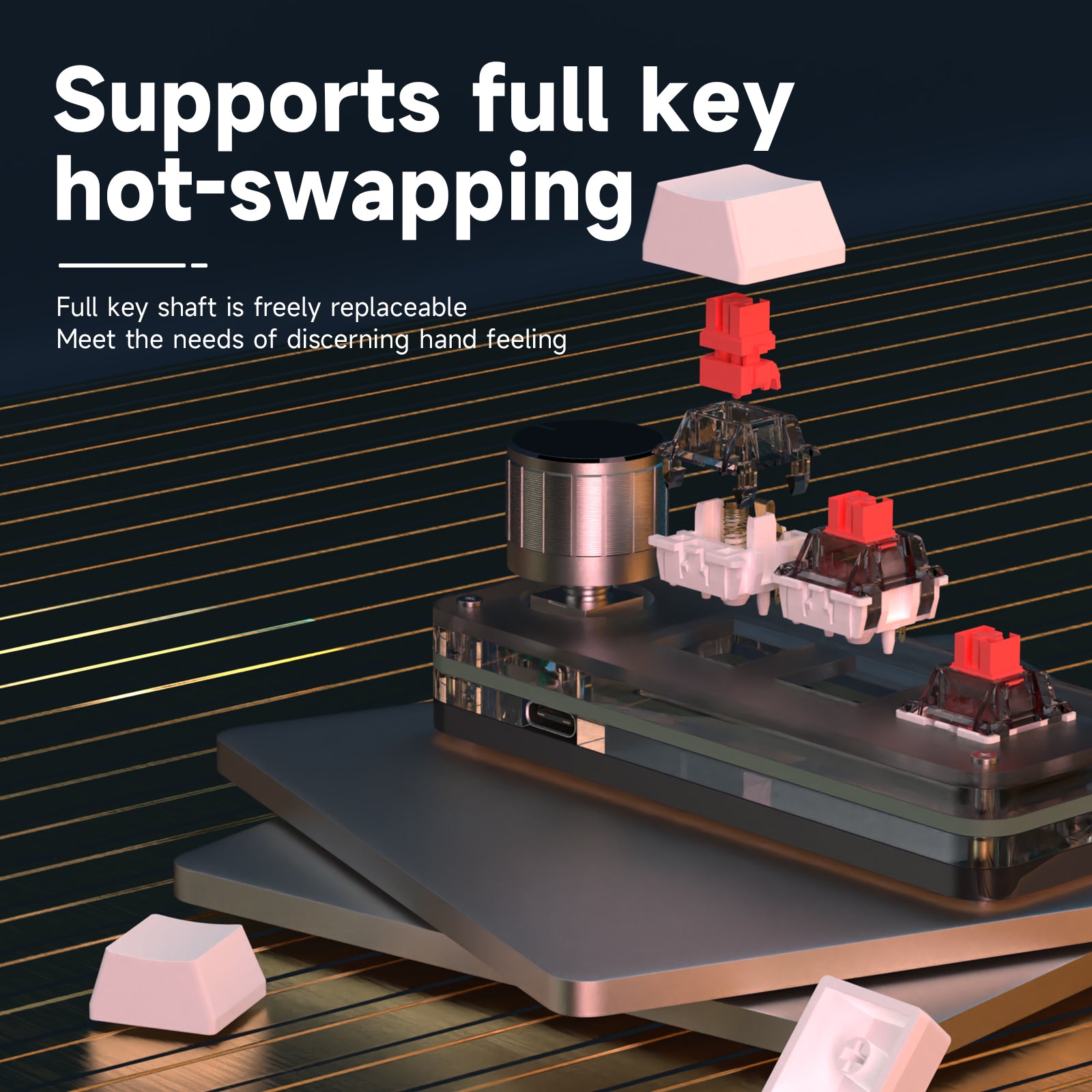 Hot-swappable keycaps and red mechanical switches on the 3-key mini keyboard