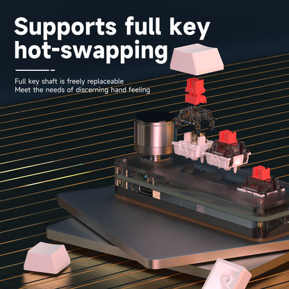 Hot-swappable keycaps and red mechanical switches on the 3-key mini keyboard