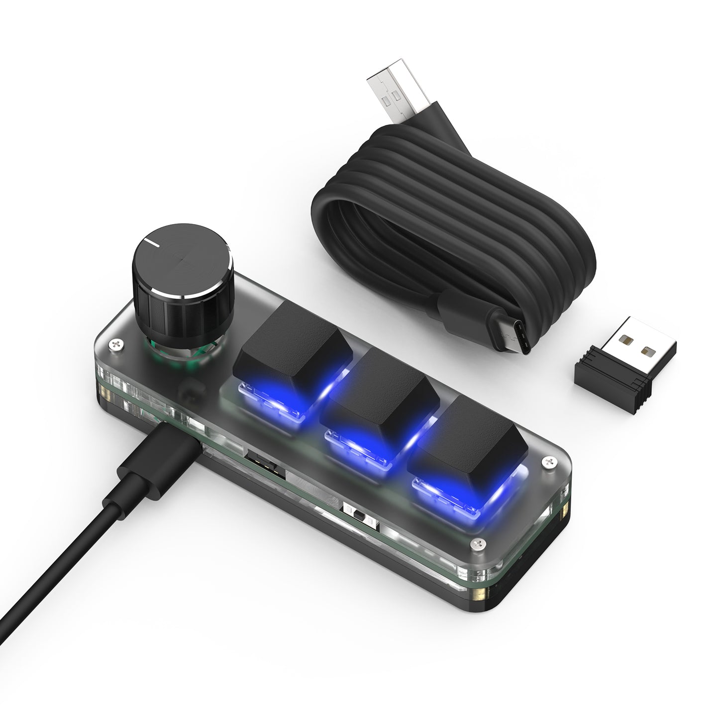 Black wireless 3-key mini keyboard with USB-C cable and 2.4G receiver