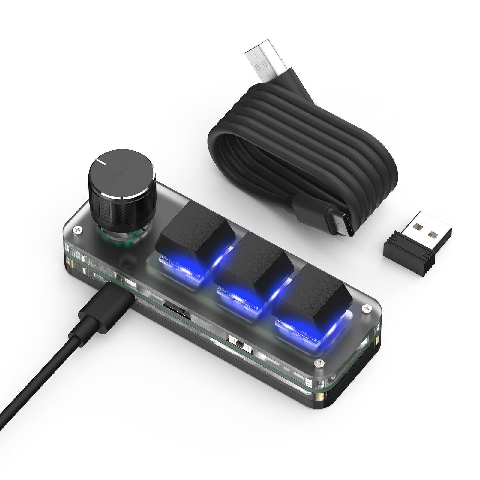 Black wireless 3-key mini keyboard with USB-C cable and 2.4G receiver
