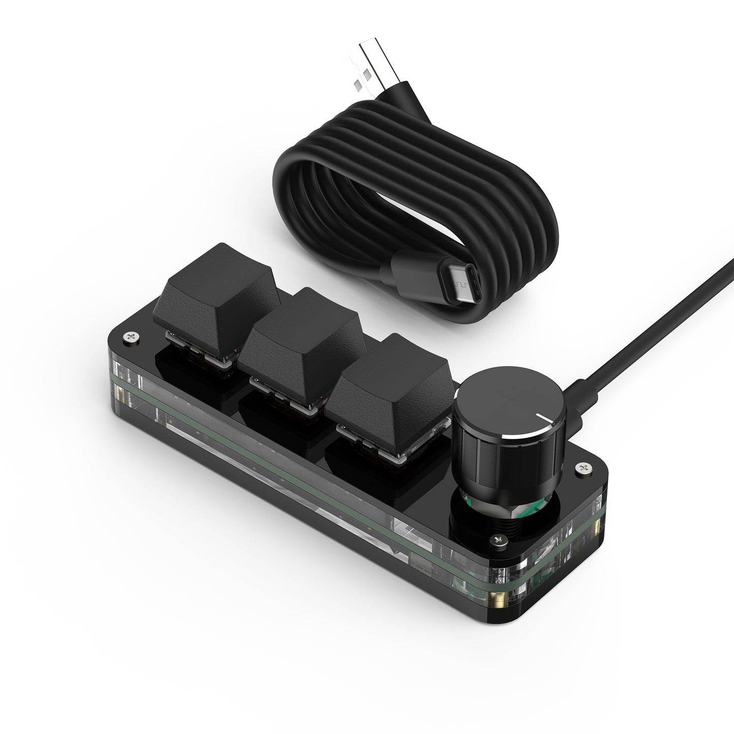 Black wired SikaiCase 3-key mini keyboard with rotary knob and USB-C cable