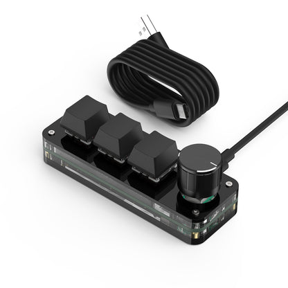 Black wired SikaiCase 3-key mini keyboard with rotary knob and USB-C cable