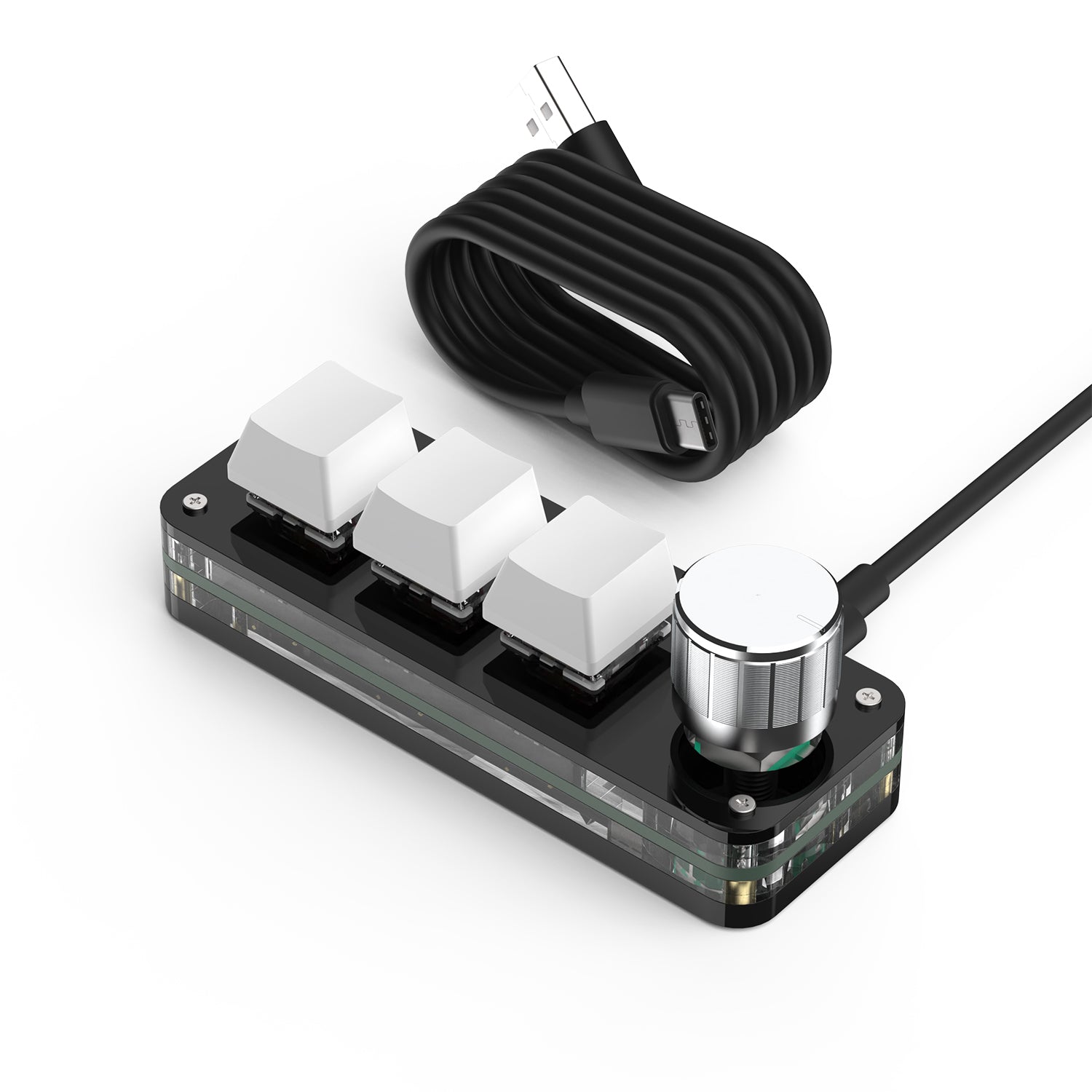 White wired SikaiCase 3-key mini keyboard with rotary knob and USB-C cable