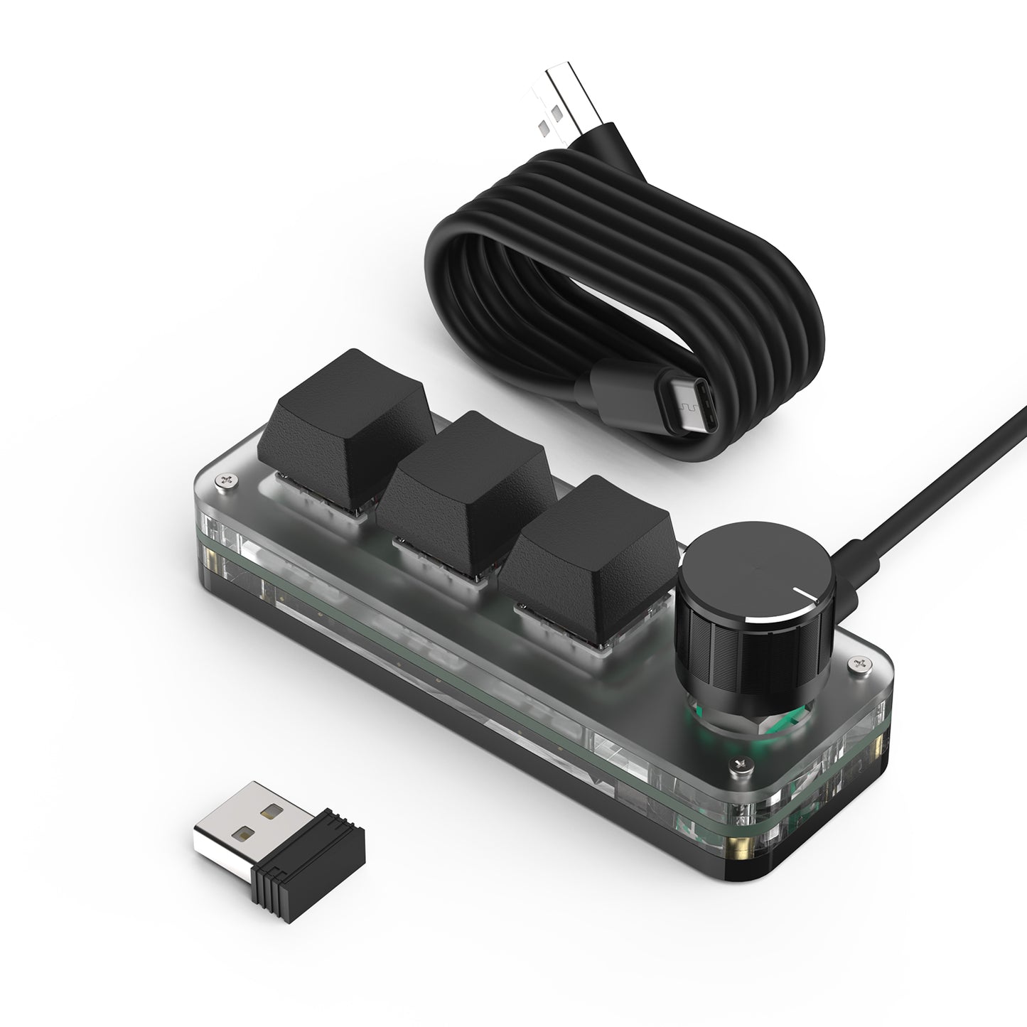 Black wireless SikaiCase 3-key mini keyboard with USB-C cable and 2.4G receiver