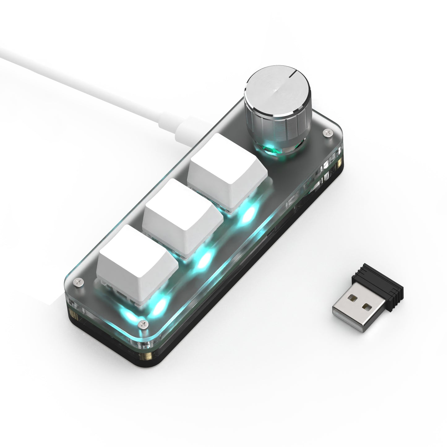 White 3-key wireless mini keyboard showing RGB lighting and included receiver
