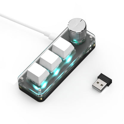 White 3-key wireless mini keyboard showing RGB lighting and included receiver