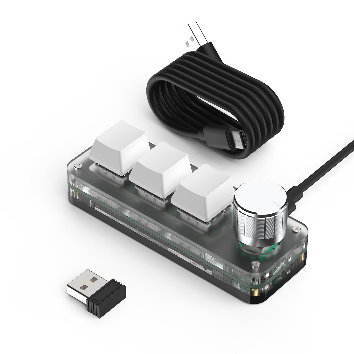 White wireless SikaiCase 3-key mini keyboard with USB-C cable and 2.4G receiver
