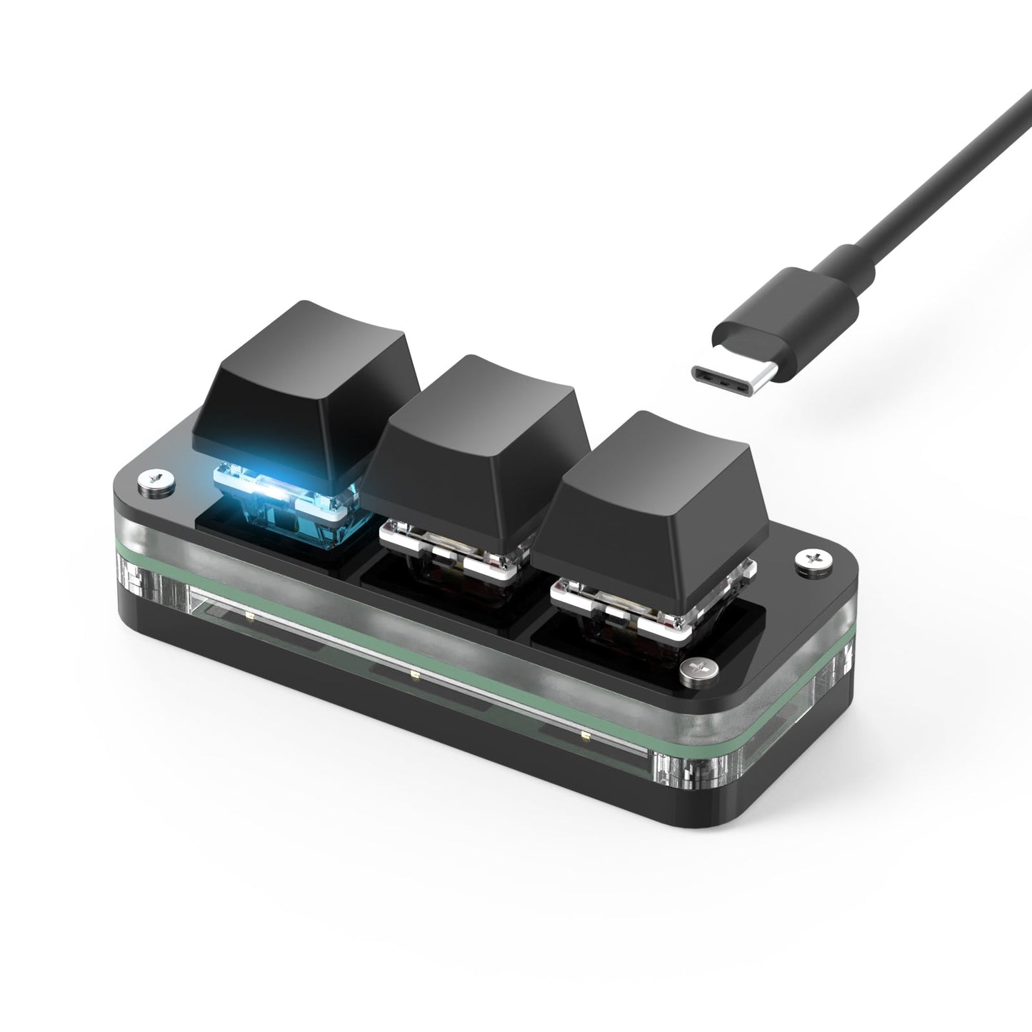 Black wired 3-key mini keyboard with blank keycaps and USB-C cable