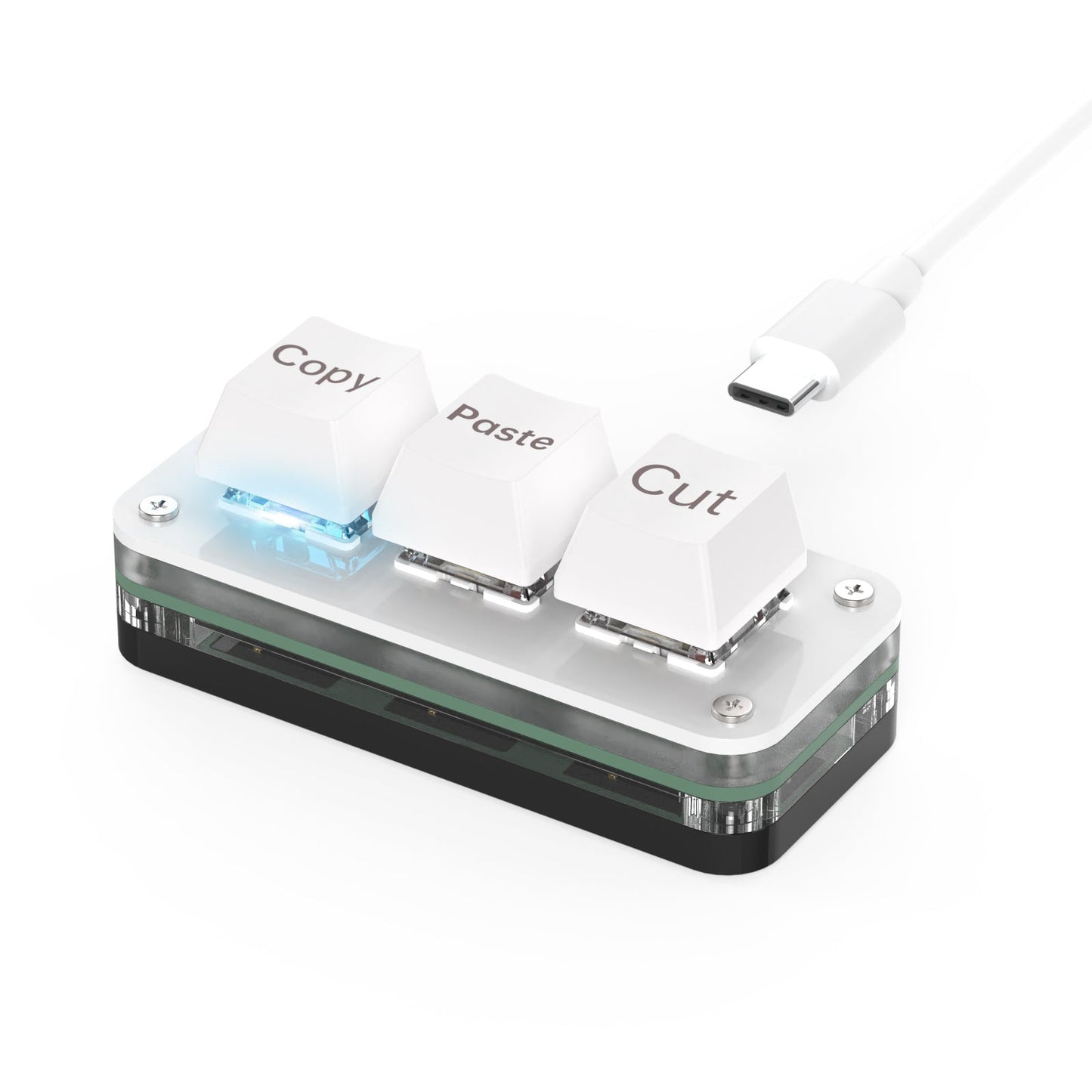 White wired Copy Paste Cut 3-key mini keyboard with USB-C cable