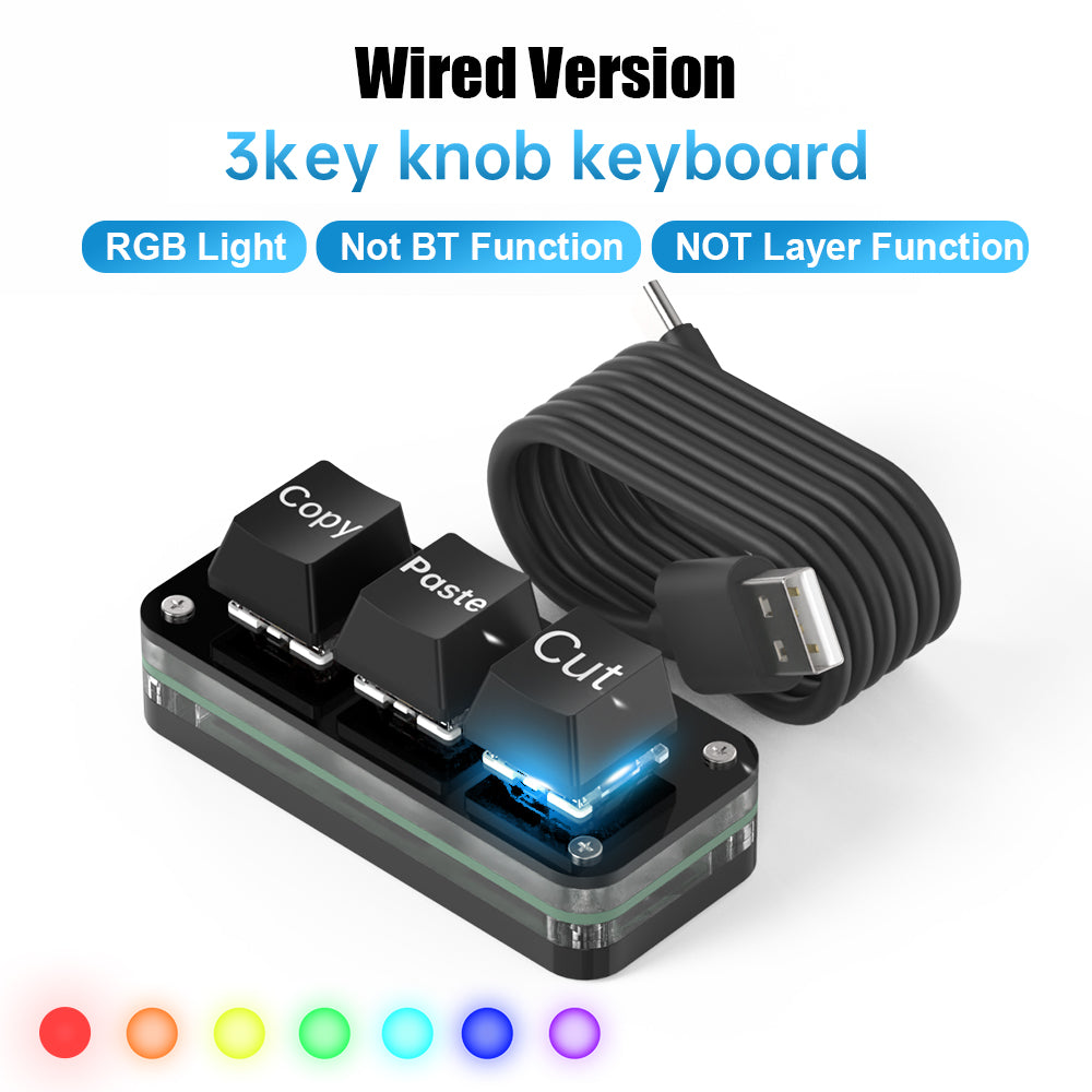Wired 3-key Copy Paste Cut keyboard with USB-C cable and RGB lighting