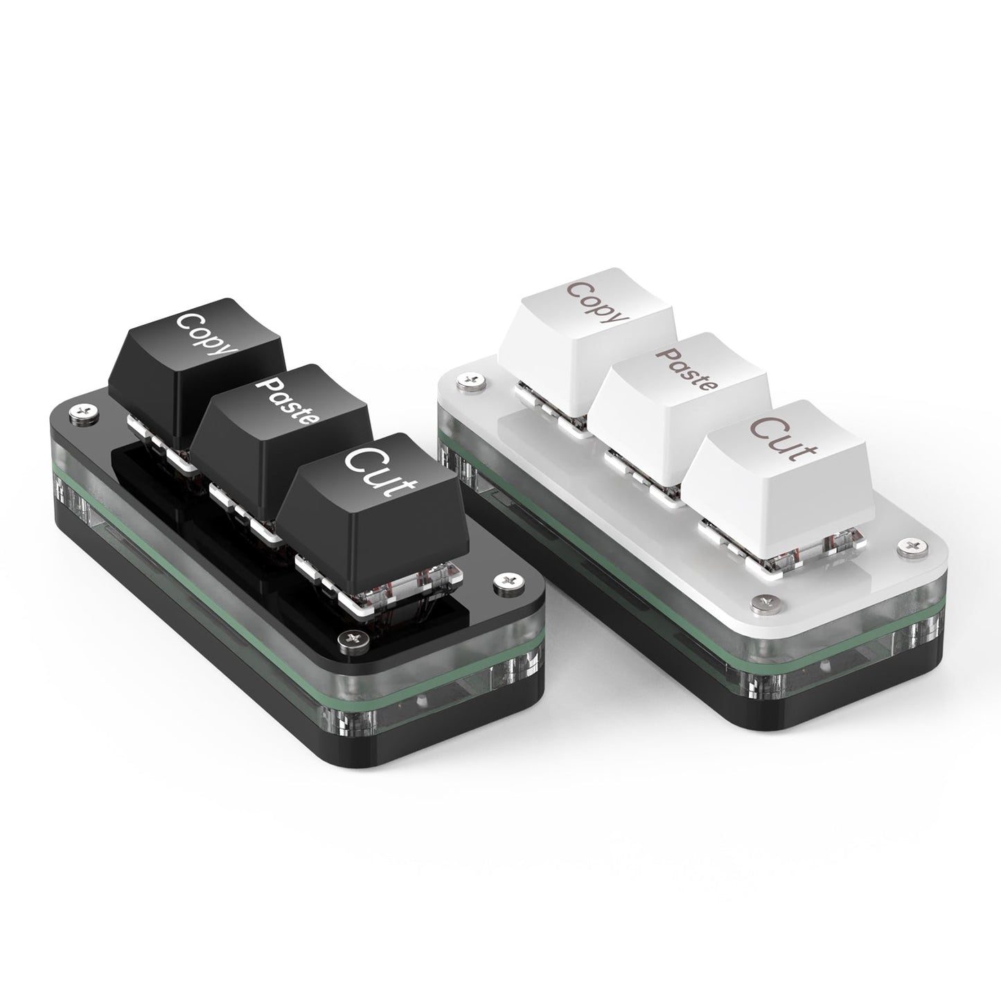 Black and white SikaiCase 3-key programmable mini keyboards with Copy Paste Cut keycaps