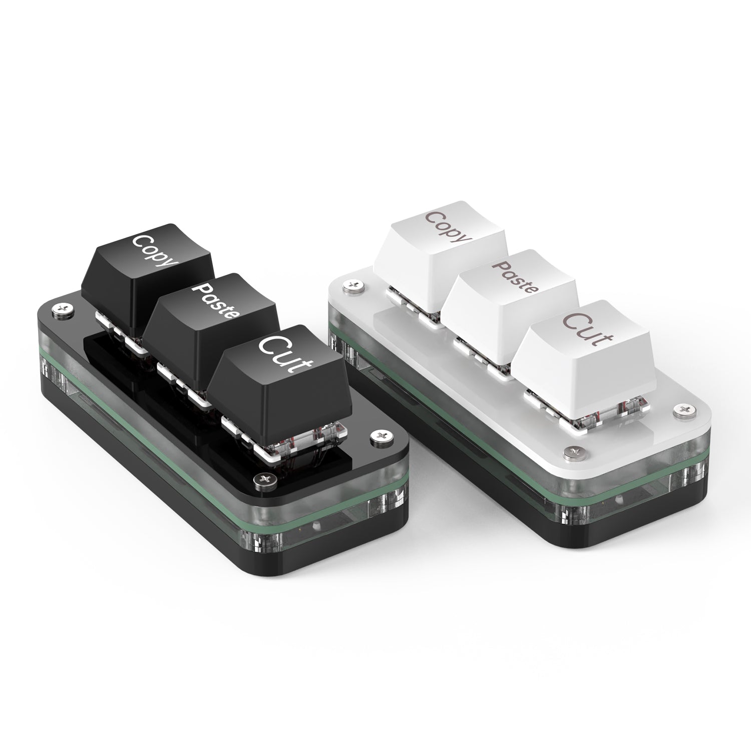 Black and white SikaiCase 3-key programmable mini keyboards with Copy Paste Cut keycaps
