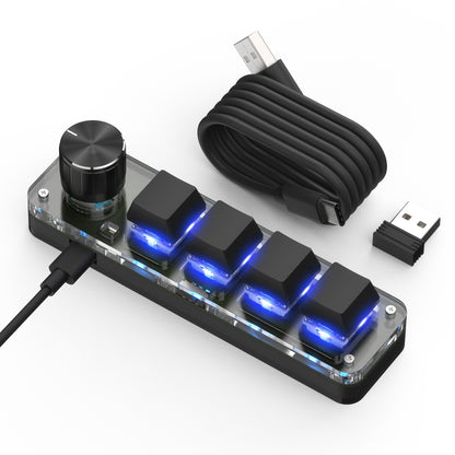 Black 4-key programmable mini keyboard with knob, USB-C cable and 2.4G receiver
