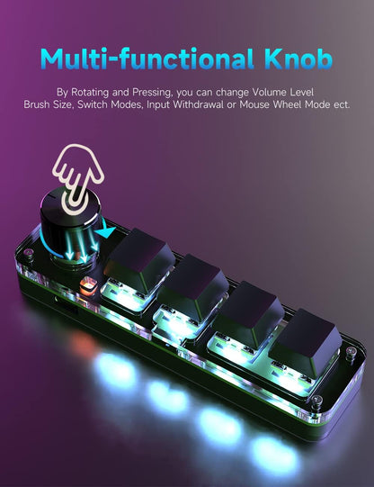 Programmable knob controls on black 4-key RGB mini keyboard