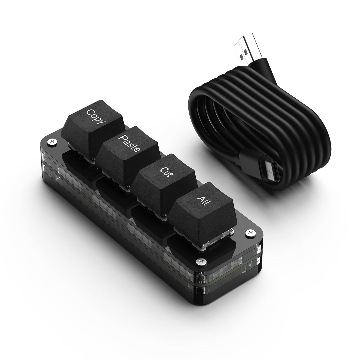 Black 4-key wired mini keyboard with Copy Paste Cut and Select All keycaps