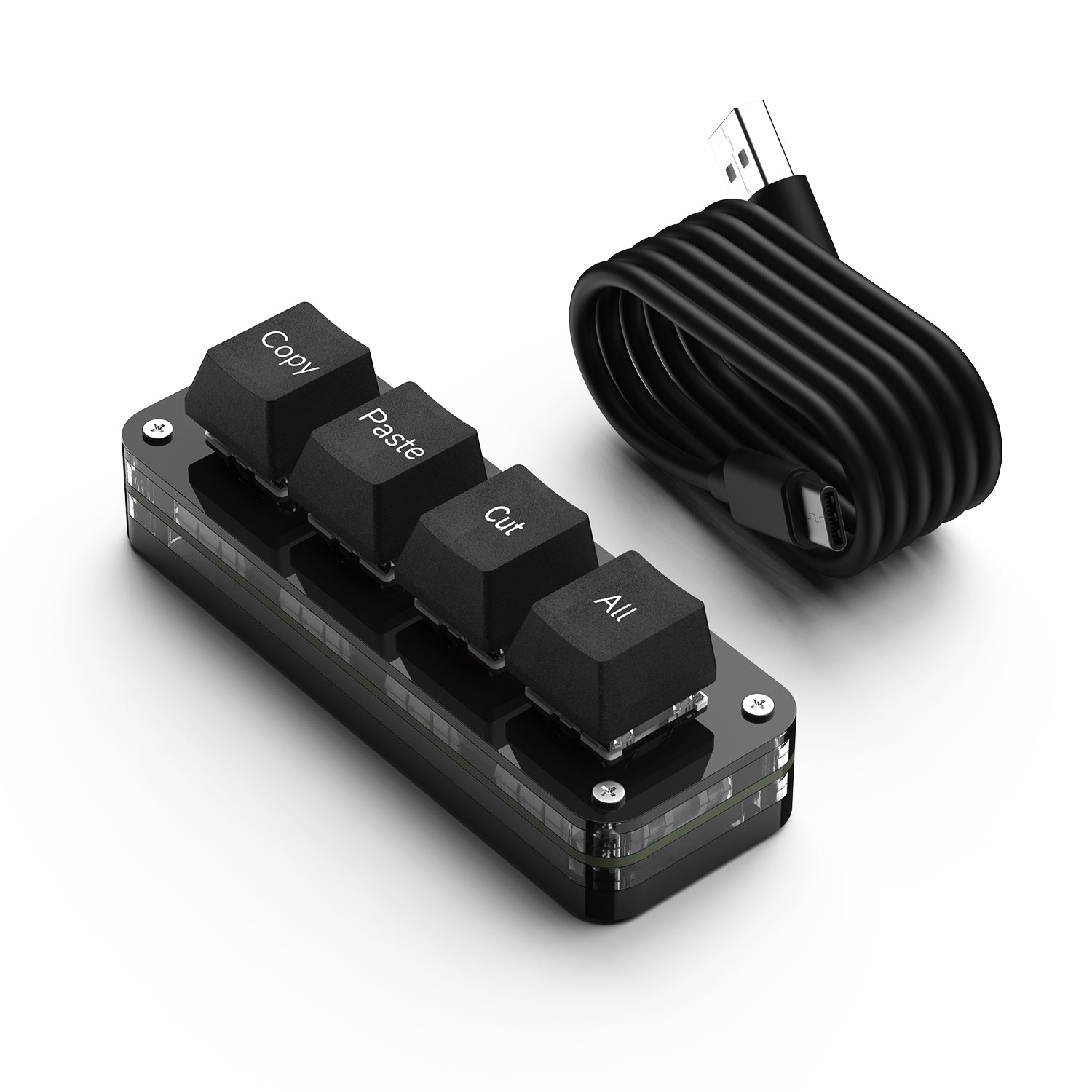 Black 4-key wired mini keyboard with Copy Paste Cut and Select All keycaps