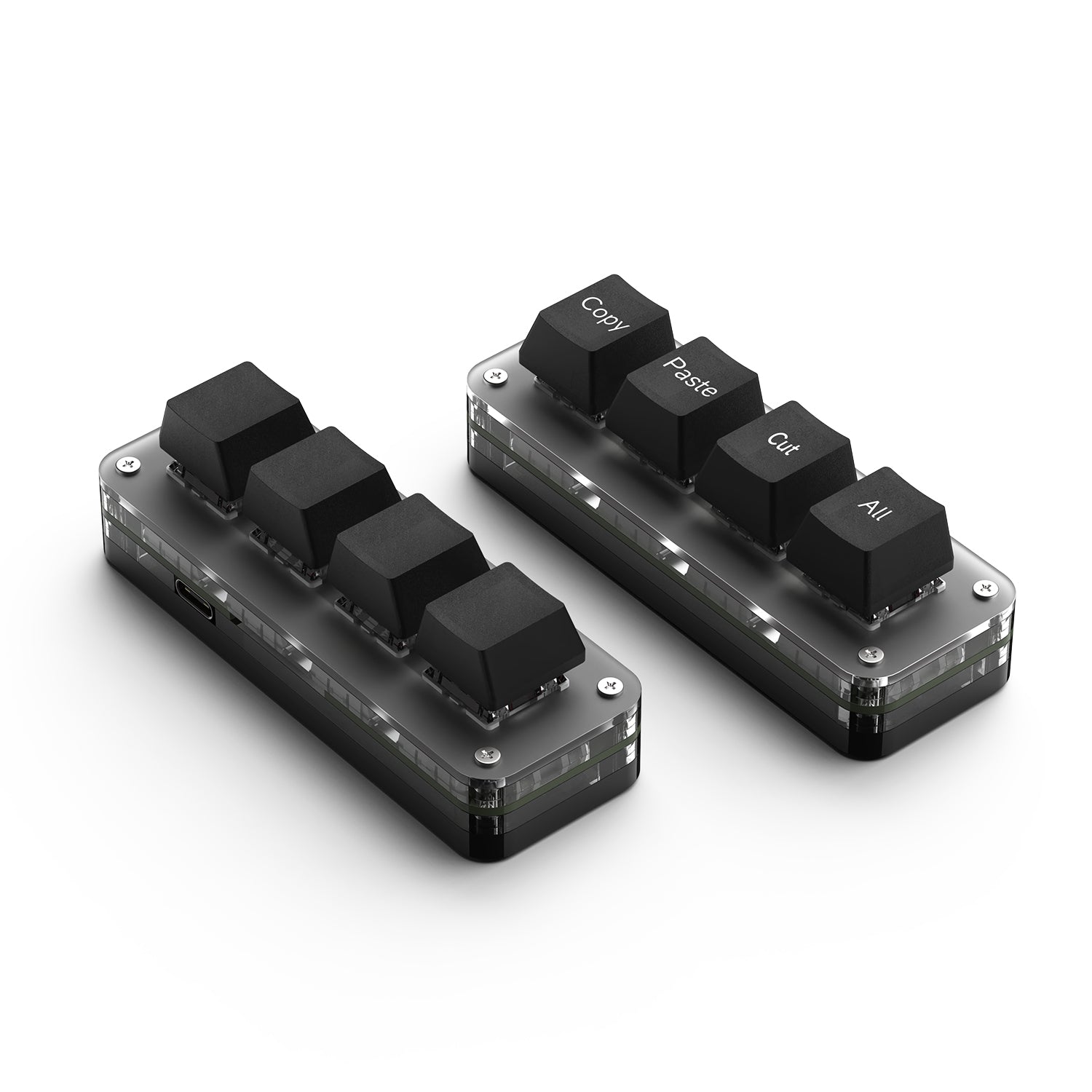 Black labeled and blank 4-key RGB mini keyboard styles with USB-C cables