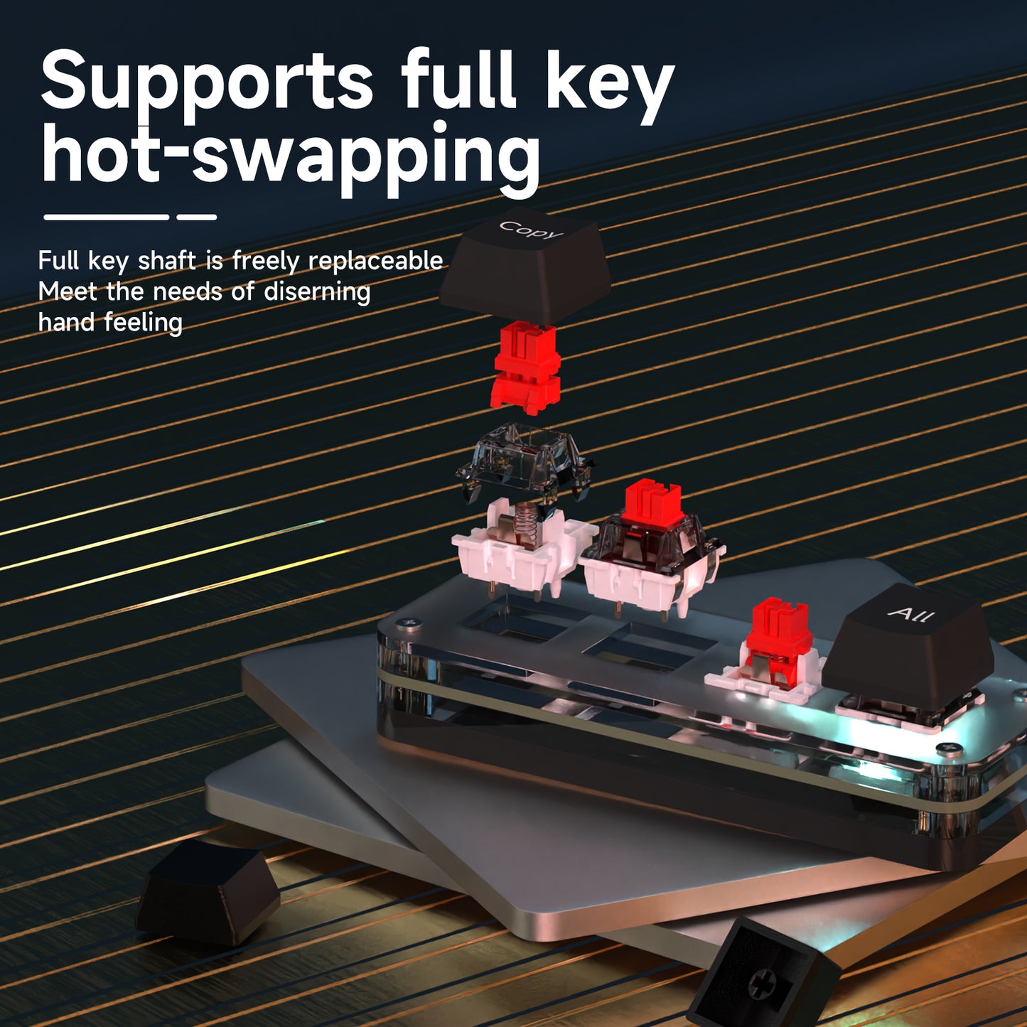 Exploded view of hot-swappable red switches and keycaps