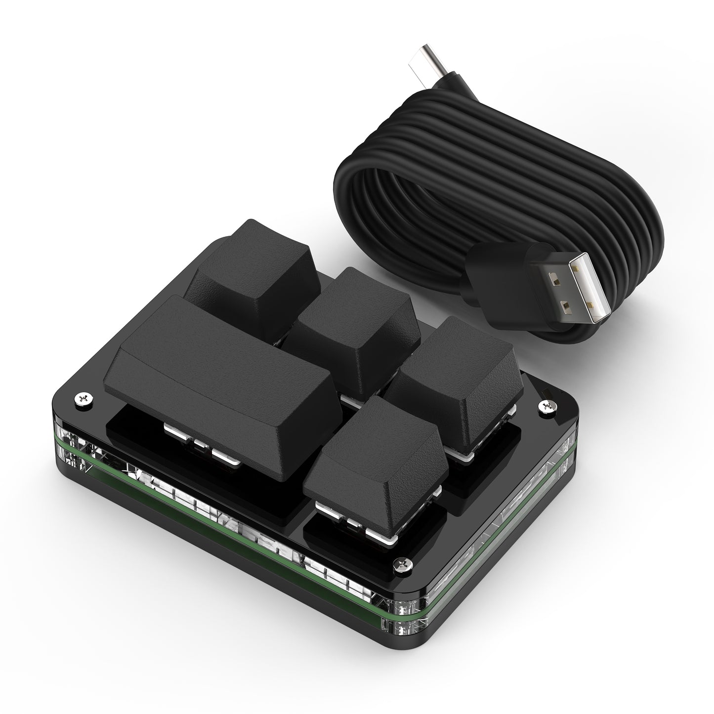 Black 5-key wired programmable mini keyboard with USB-C cable