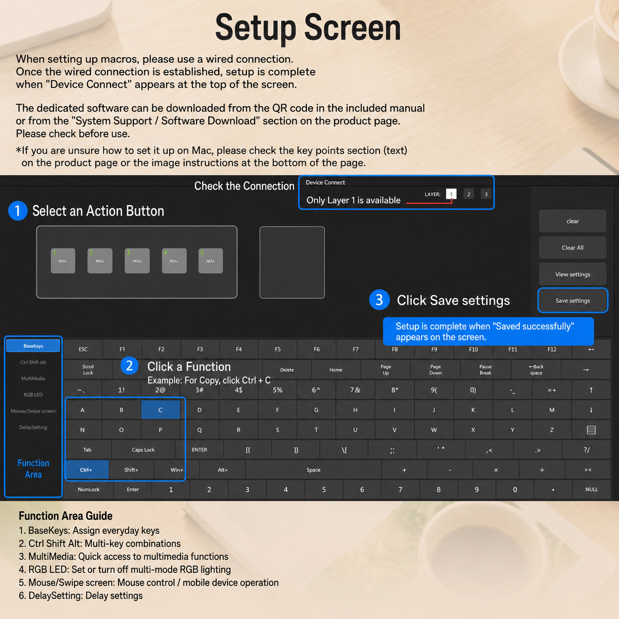 Windows software setup screen for 5-key programmable mini keyboard