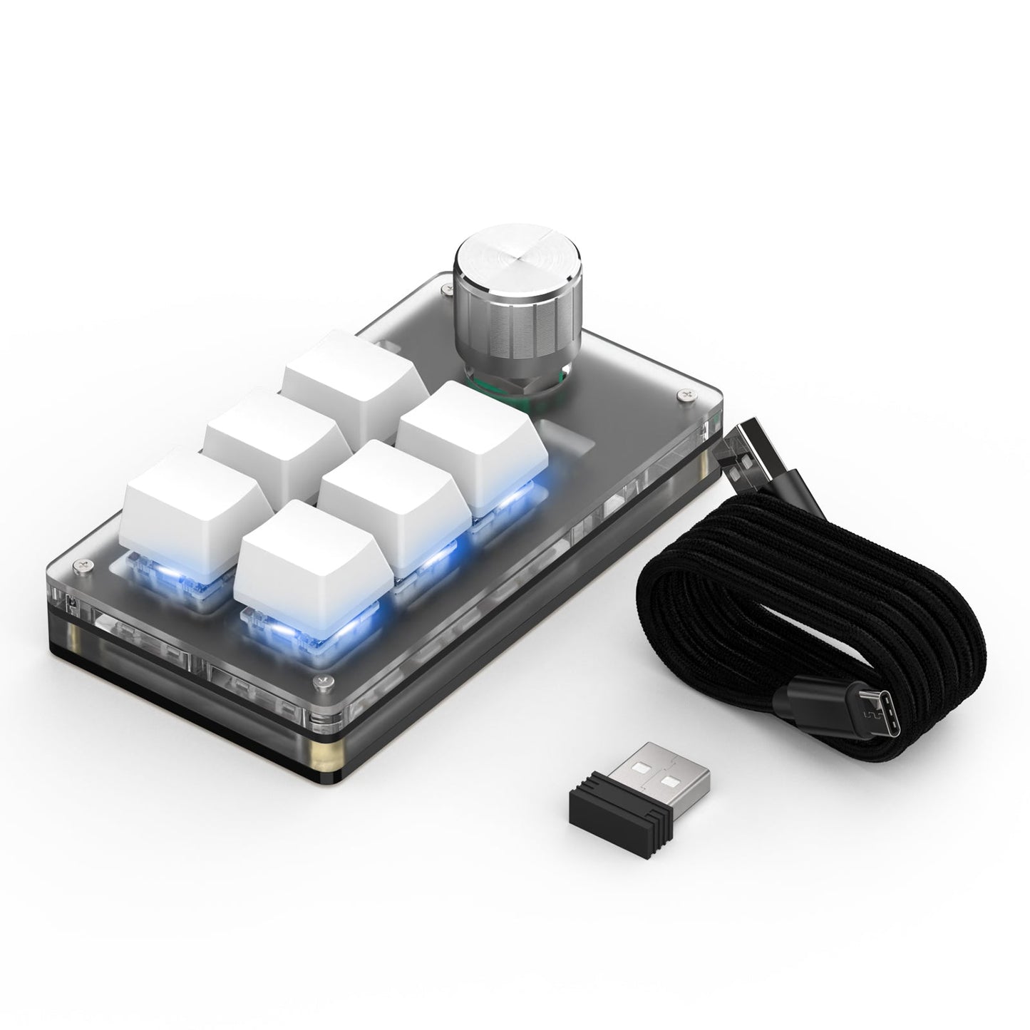 White wireless 6-key and knob RGB mini keyboard with USB receiver