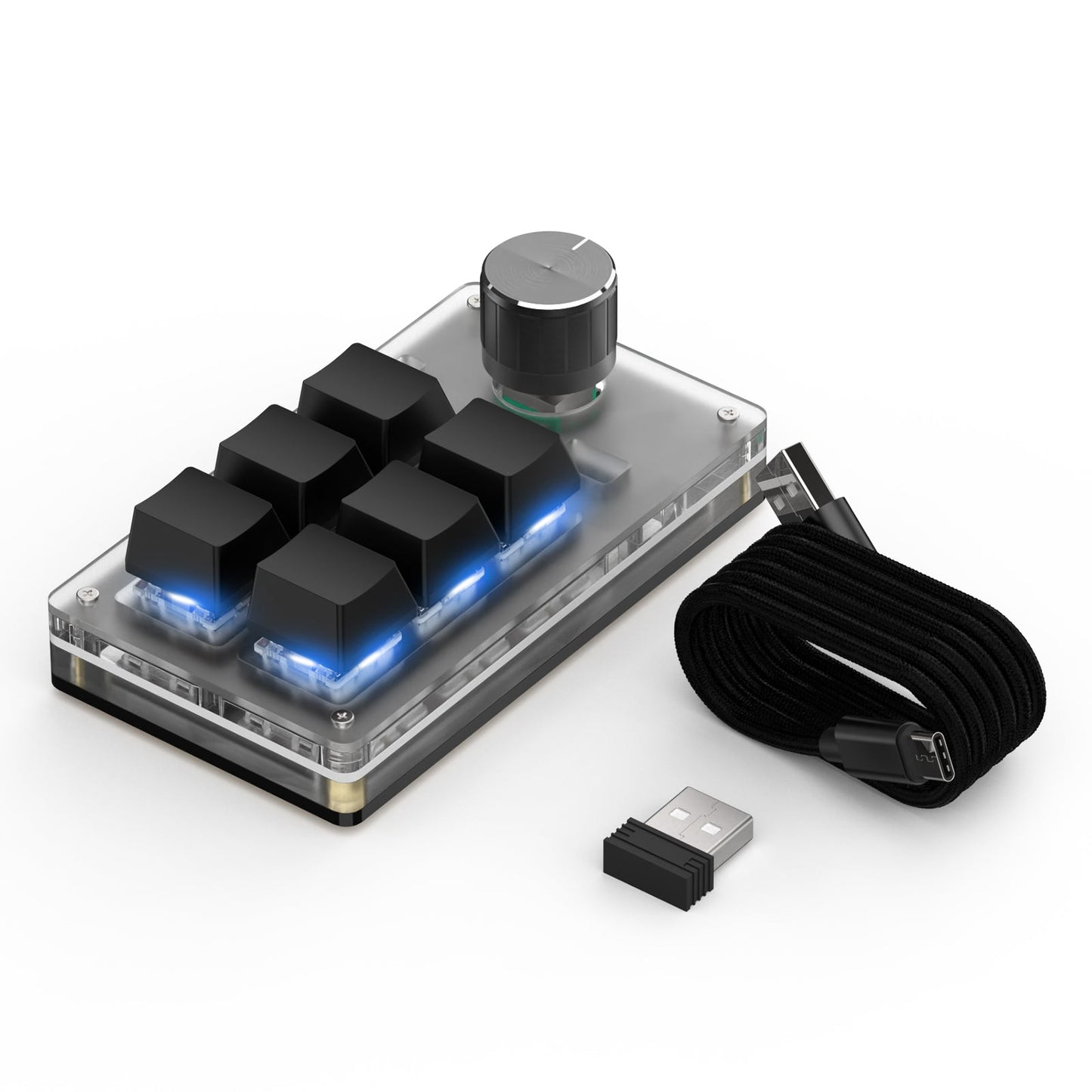 Black wireless 6-key and knob RGB mini keyboard with USB receiver