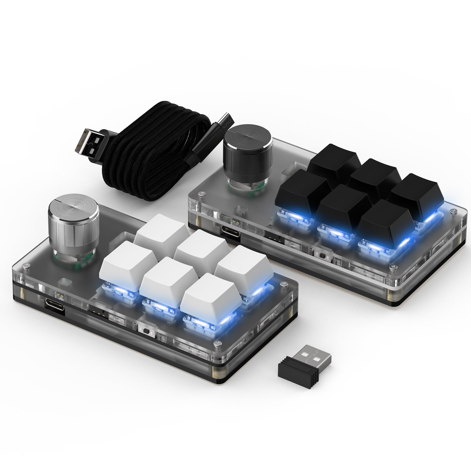 Black and white wireless 6-key knob mini keyboards with cables and receivers