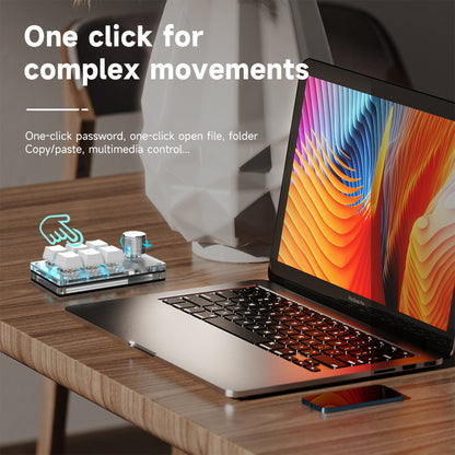 Six-key knob mini keyboard triggering complex shortcut commands