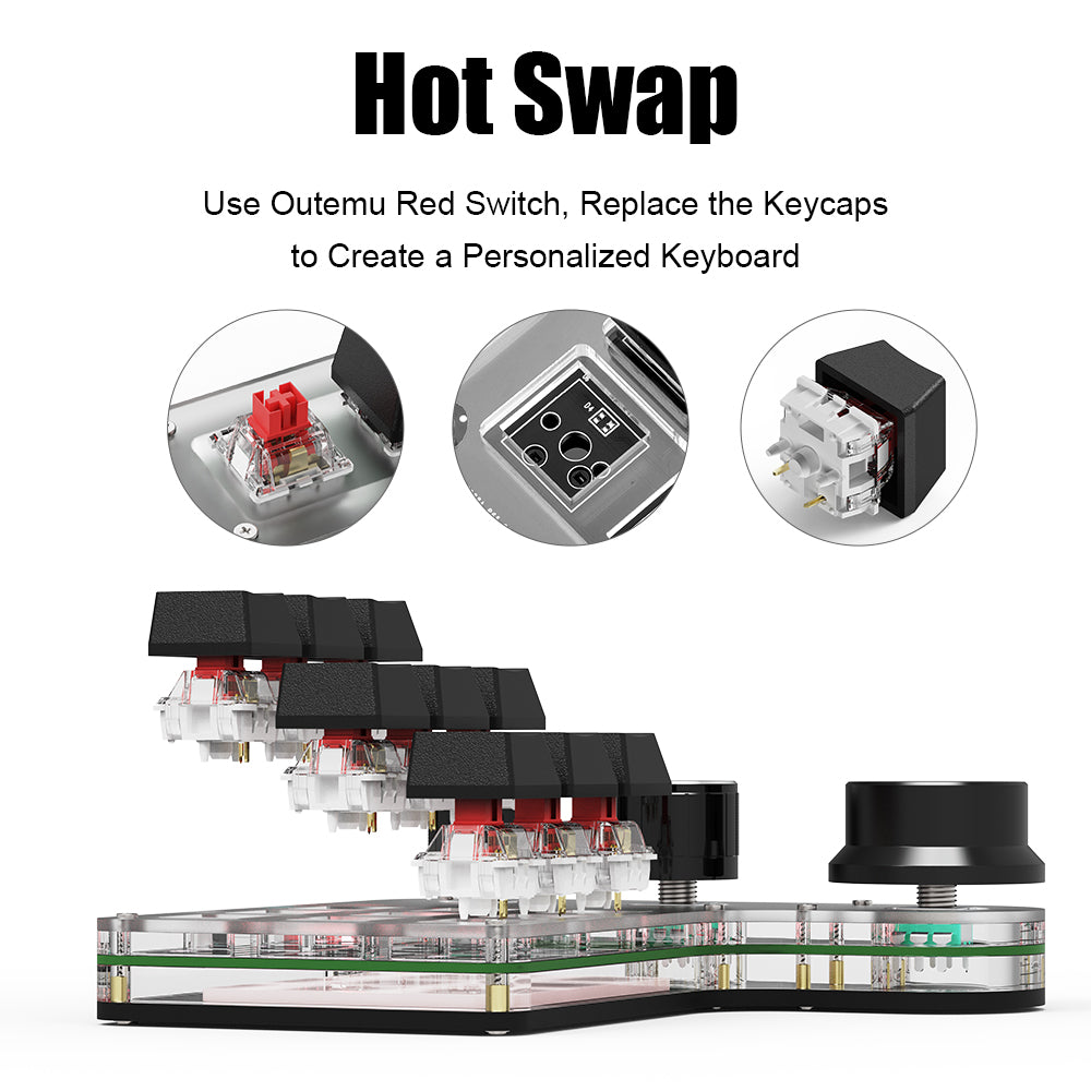 Hot-swappable red switches on 9-key 3-knob mechanical macro pad