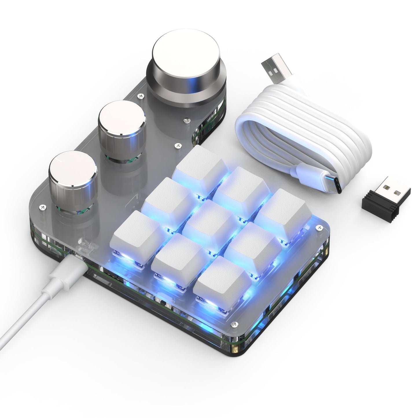 White 9-key 3-knob wireless RGB mini keyboard with USB-C cable and receiver