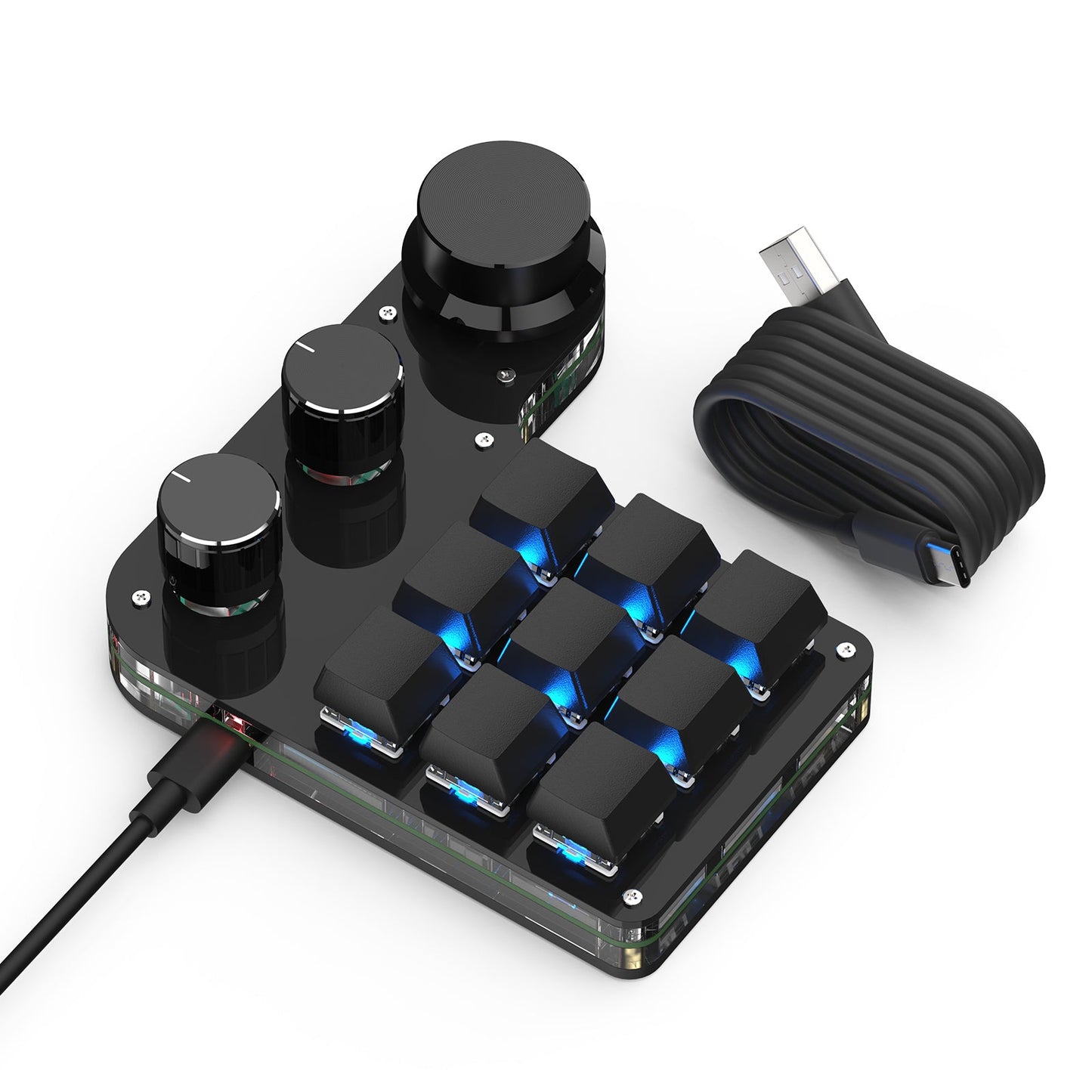 Black 9-key 3-knob wireless RGB mini keyboard with USB-C cable and receiver