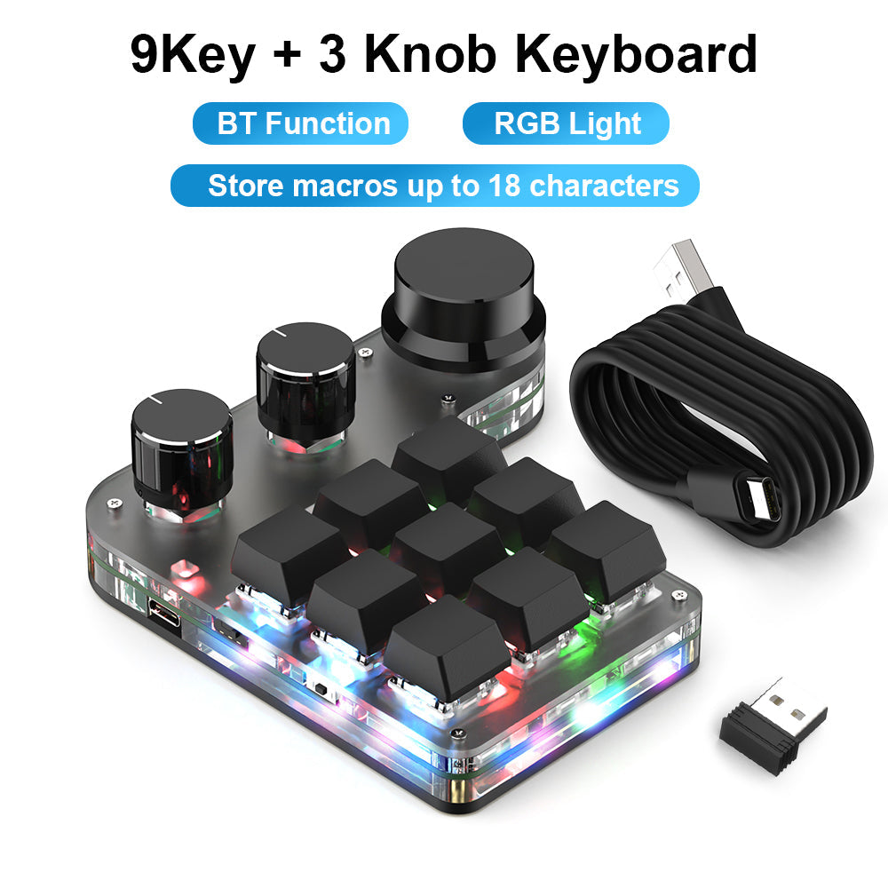 Black 9-key 3-knob wireless RGB programmable mini keyboard with USB receiver