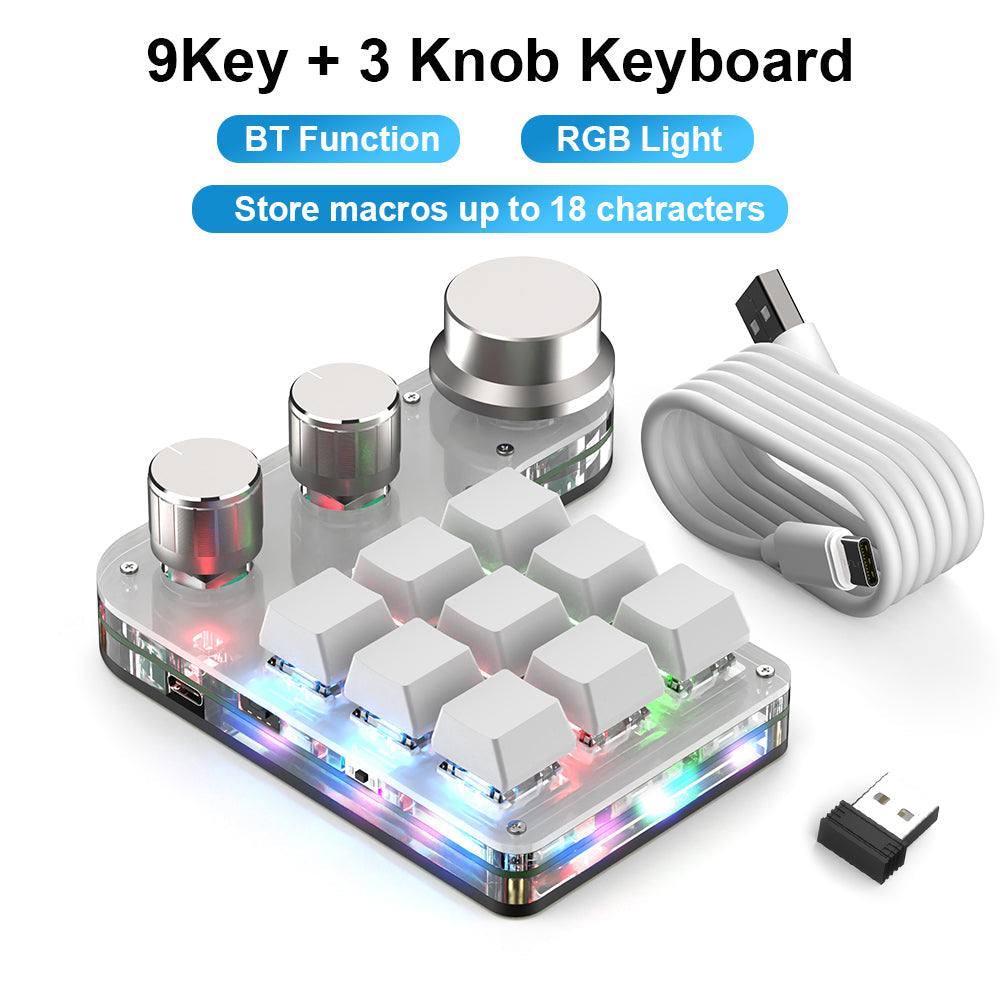 White 9-key 3-knob wireless RGB programmable mini keyboard with USB receiver