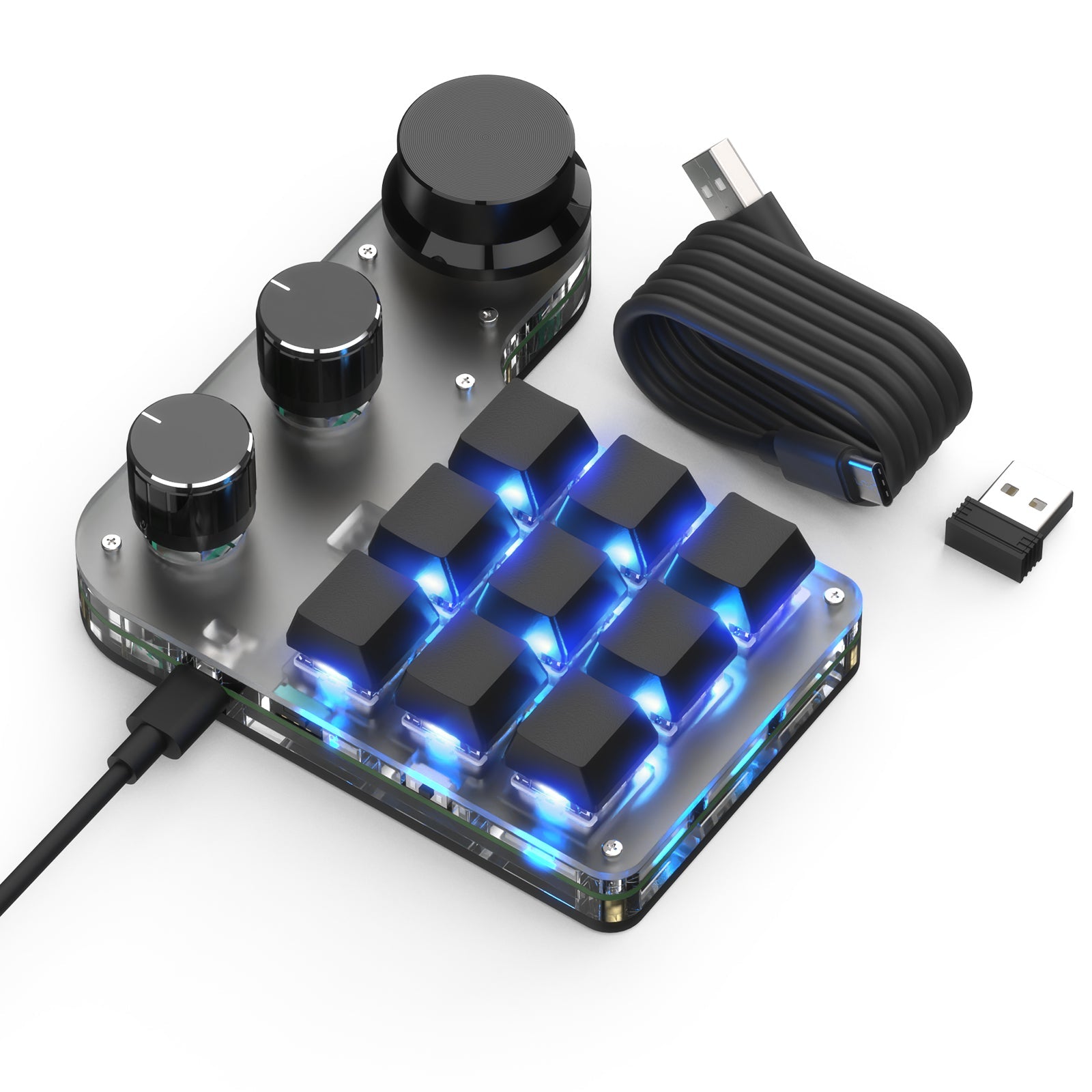 Black 9-key 3-knob wireless RGB mini keyboard with cable and receiver