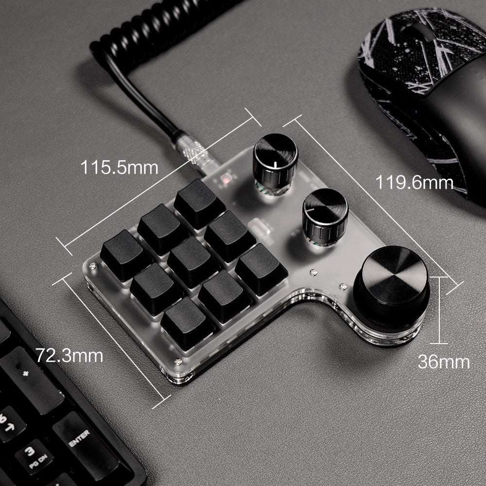 Dimensions of 9-key 3-knob programmable mini keyboard