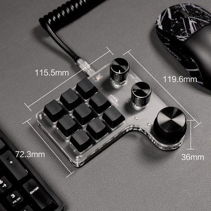 Dimensions of 9-key 3-knob programmable mini keyboard