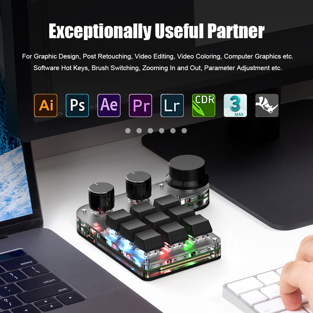 9-key 3-knob programmable mini keyboard for creative software workflows