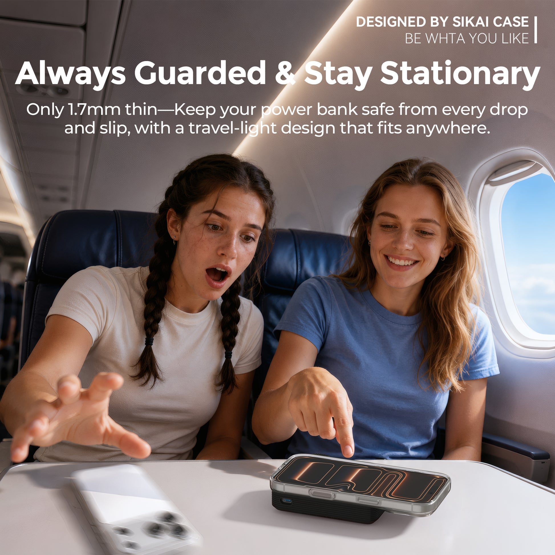 Slim black silicone case keeping Anker A1685 stable on a tray table