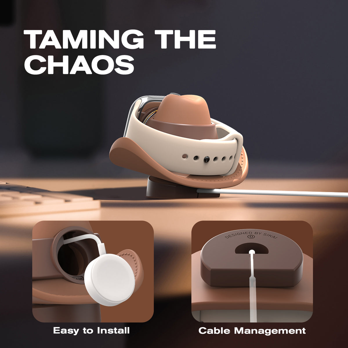 Cowboy hat Apple Watch stand with cable management and easy installation