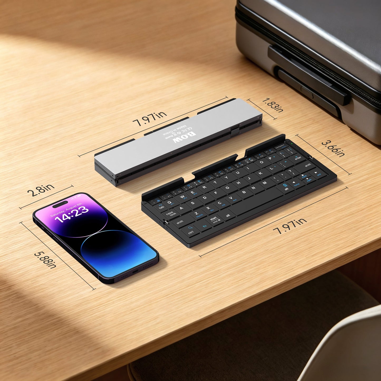 Folded and open dimensions of SikaiCase portable Bluetooth keyboard