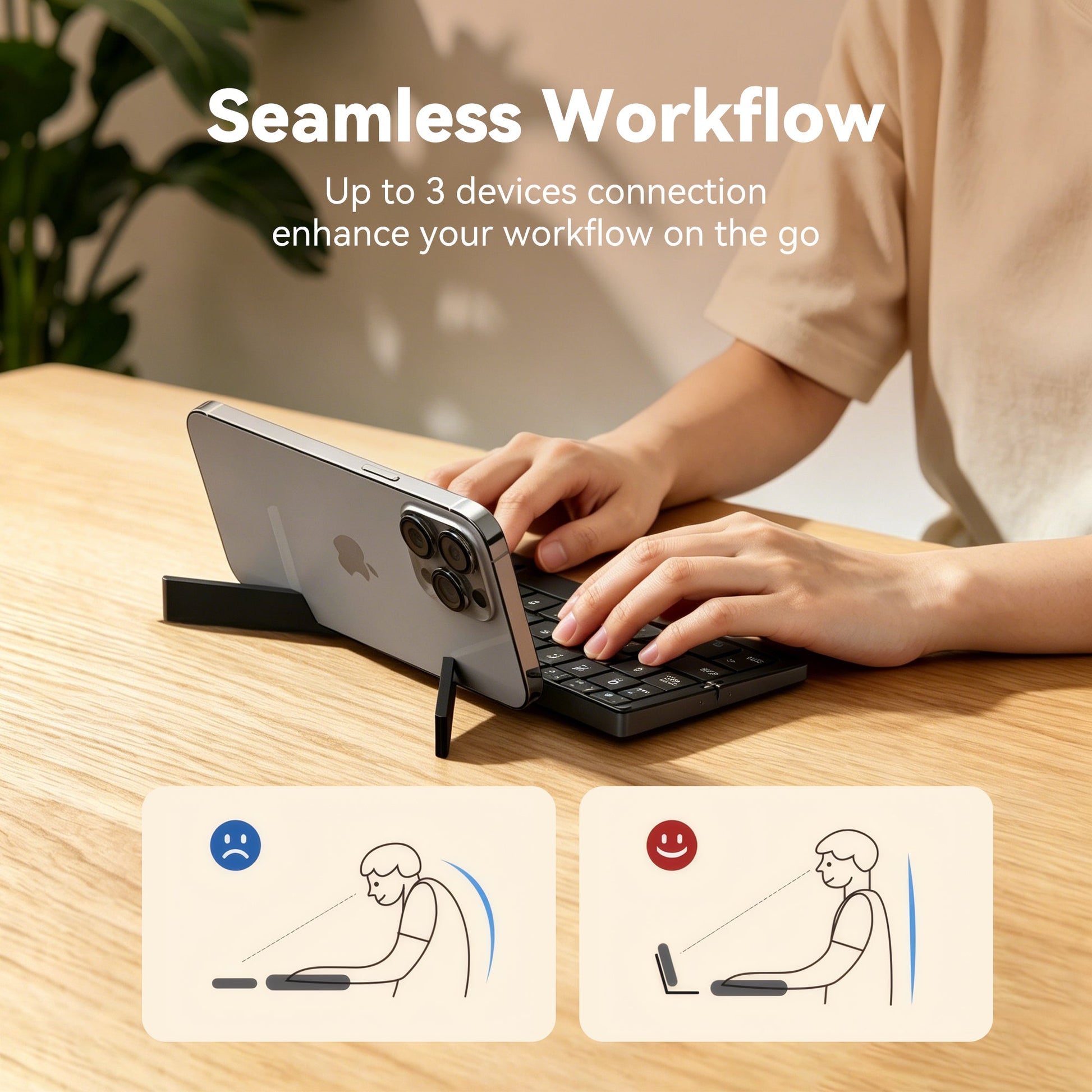 Ergonomic viewing position with foldable Bluetooth keyboard stand